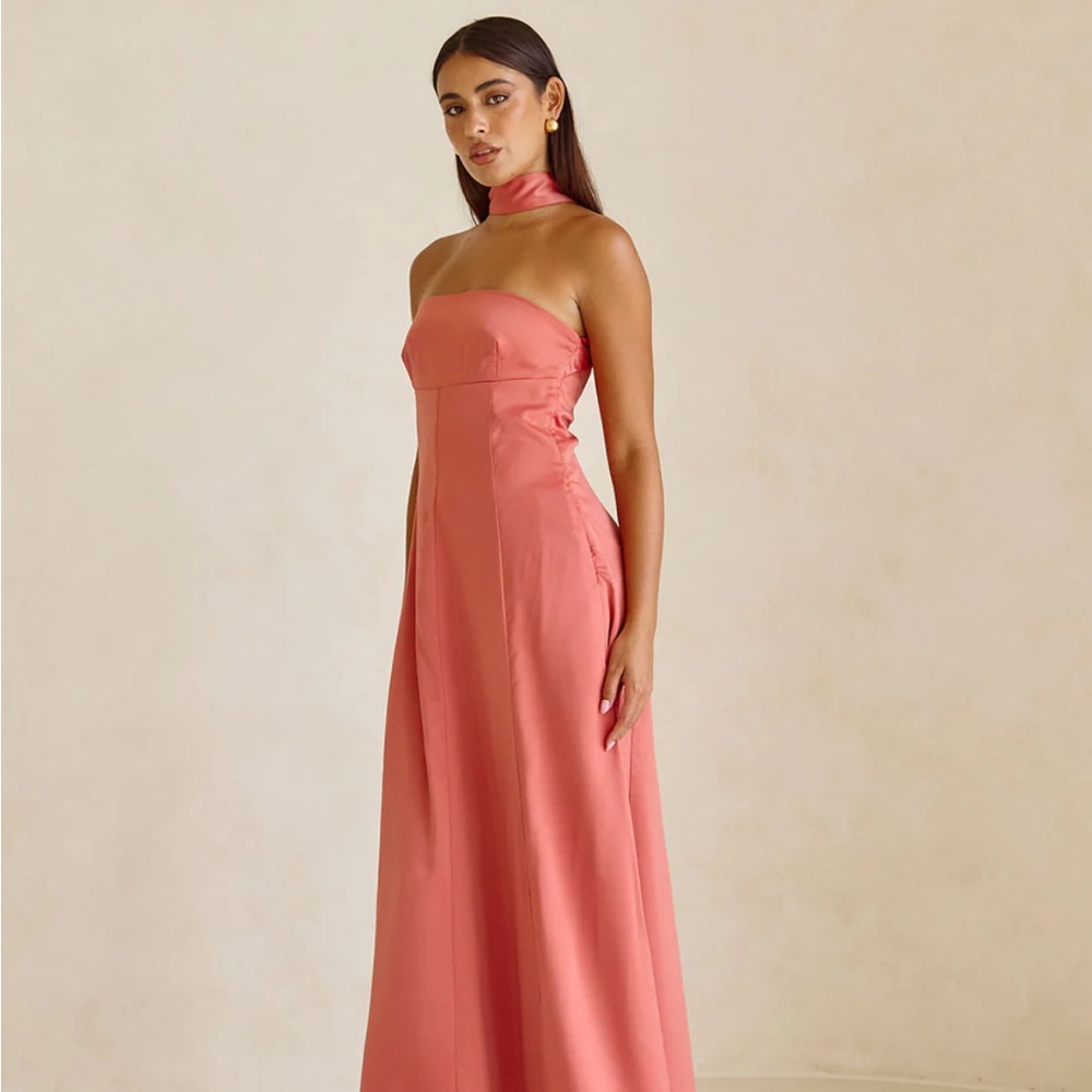 Strapless Coral Pink Midi Dress with Neck Sash